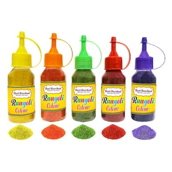 Hari Darshan Rangoli Kit - Set of 9 Rangoli Colours 100g each in 5 bottles with dispenser and 4 glitter Colour in packets, 2 Design Stencils, 1 Decorative Swastik and Rangoli Design book