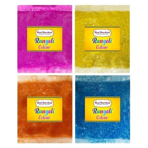 Hari Darshan Rangoli Kit - Set of 9 Rangoli Colours 100g each in 5 bottles with dispenser and 4 glitter Colour in packets, 2 Design Stencils, 1 Decorative Swastik and Rangoli Design book