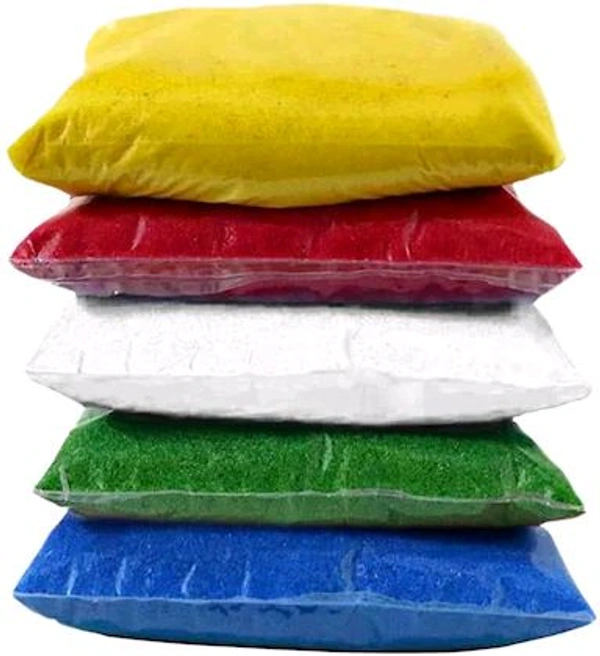 Devi Store  Multicolor Marble Rangoli Powder - Yellow, Red, White, Darkgreen, Blue, 100 Gm (Pack Of 5)