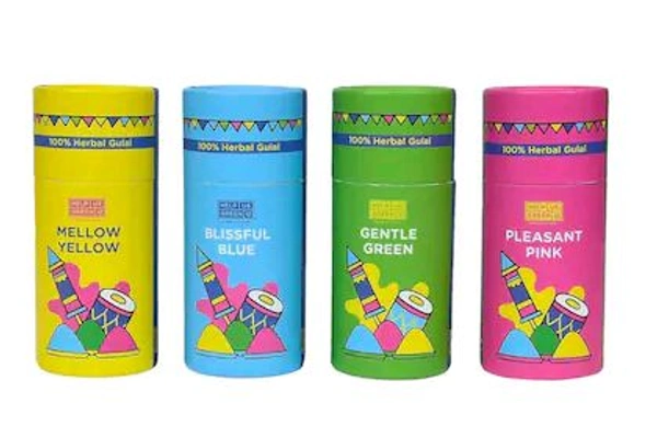 Holi Gulal Colour - Yellow | Pink | Blue and Green Tesu Flower | Rose Petals | Marigold | Sandalwood | Maize Starch | Colour - Pack of 4 100grams x 4 - 4.1cm X 24cm 12cm