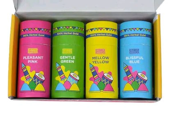 Holi Gulal Colour - Yellow | Pink | Blue and Green Tesu Flower | Rose Petals | Marigold | Sandalwood | Maize Starch | Colour - Pack of 4 100grams x 4 - 4.1cm X 24cm 12cm