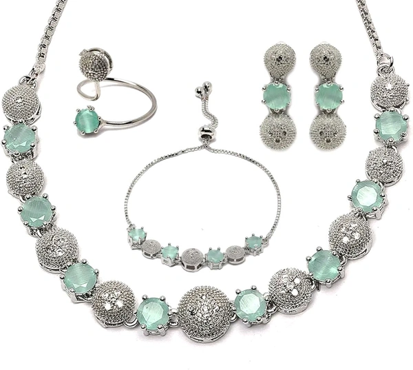ZENEME Rhodium-Plated Silver Toned American Diamond studded Necklace, Earrings, Bracelet & Ring Jewellery Set for Girls and Women
