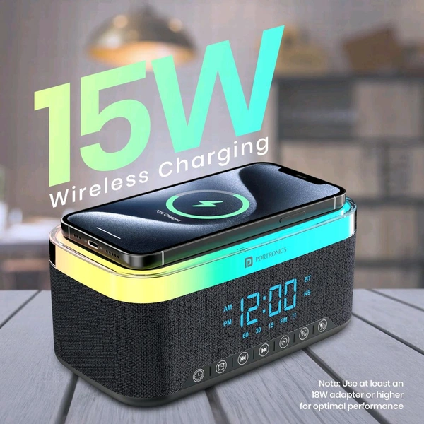 Portronics 3-in-1 Trifusion: 16W HD Sound + 15W Wireless Charger + Digital Clock, RGB Lights, White Noise, Bluetooth (Black) - Black
