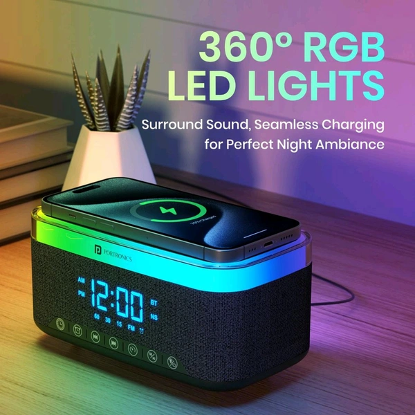 Portronics 3-in-1 Trifusion: 16W HD Sound + 15W Wireless Charger + Digital Clock, RGB Lights, White Noise, Bluetooth (Black) - Black