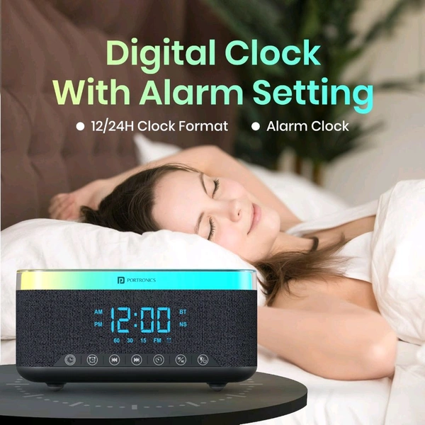 Portronics 3-in-1 Trifusion: 16W HD Sound + 15W Wireless Charger + Digital Clock, RGB Lights, White Noise, Bluetooth (Black) - Black