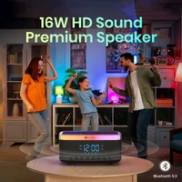 Portronics 3-in-1 Trifusion: 16W HD Sound + 15W Wireless Charger + Digital Clock, RGB Lights, White Noise, Bluetooth (Black) - Black