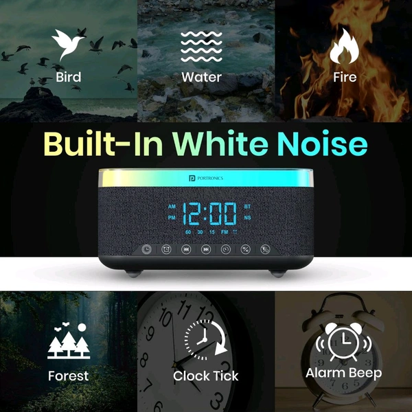 Portronics 3-in-1 Trifusion: 16W HD Sound + 15W Wireless Charger + Digital Clock, RGB Lights, White Noise, Bluetooth (Black) - Black