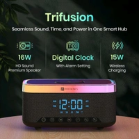 Portronics 3-in-1 Trifusion: 16W HD Sound + 15W Wireless Charger + Digital Clock, RGB Lights, White Noise, Bluetooth (Black) - Black
