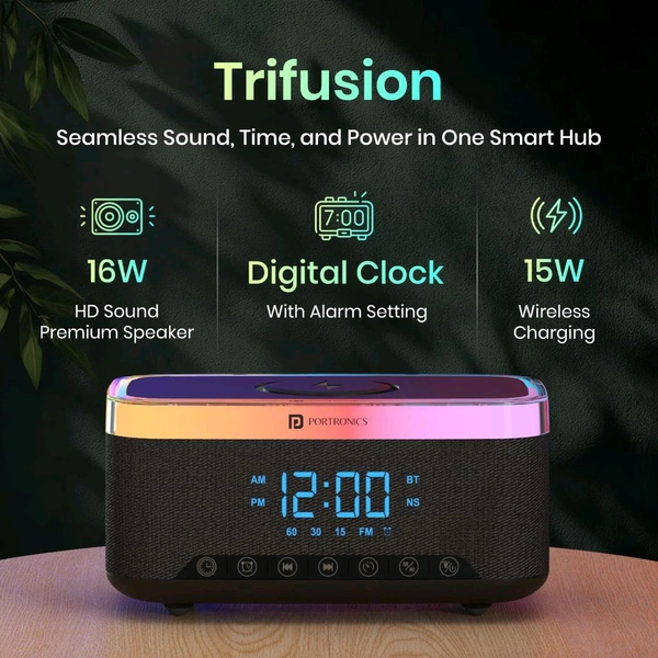 Portronics 3-in-1 Trifusion: 16W HD Sound + 15W Wireless Charger + Digital Clock, RGB Lights, White Noise, Bluetooth (Black) - Black