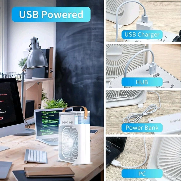 Anamika  ❄️ Portable 2-in-1 Air Cooler & Misting Fan | 7-Color LED • 3 Wind/Spray Modes • 3H Timer • USB-Powered *Compact Desktop Cooler w/ 0.6L Tank • 360° Tilt • Floor/Office Use* - White