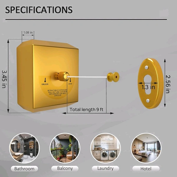 Anamika  ✨ Anamika Gold Square Retractable Clothesline — 9ft Lockable & Weatherproof! - Golden Fizz