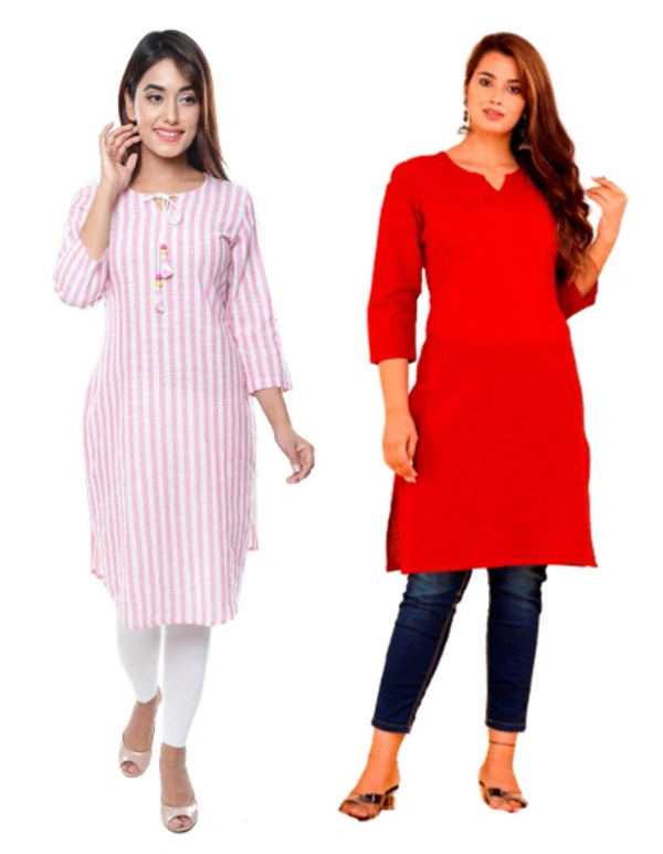 Cotton Kurta Combo -Pink Striped And Plain Marroon - XL