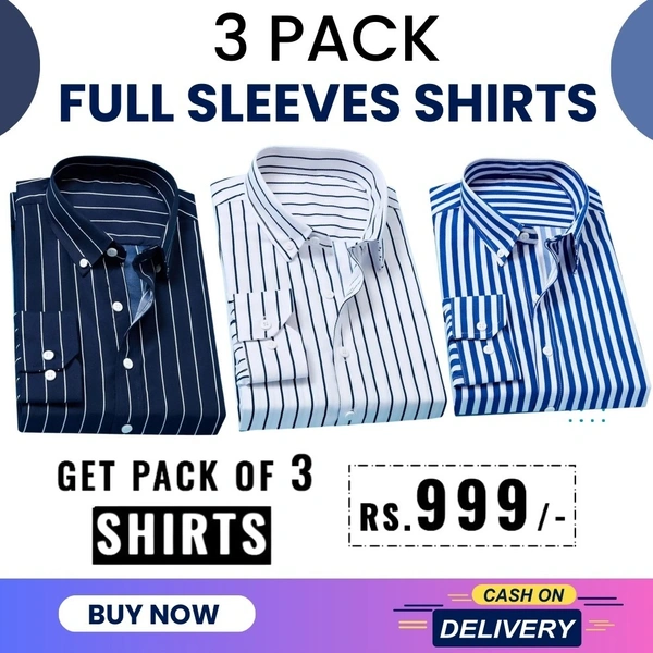 Full Sleeves Men's Cotton Shirts- Pack of 3 - XL - 42