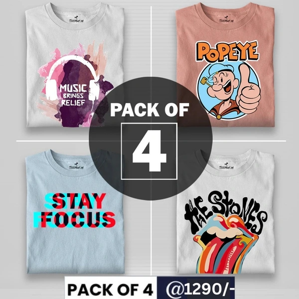 Half Sleeves Men's Cotton T-Shirts- Pack of 4 - Medium - 38
