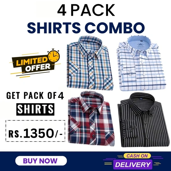 Full Sleeves Men's Cotton Shirts- Pack of 4 - XL - 42