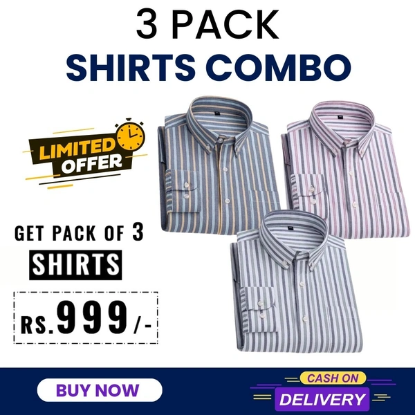 Full Sleeves Men's Cotton Shirts- Pack of 3 - XXL - 44