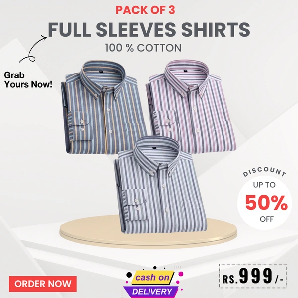 Full Sleeves Men's Cotton Shirts- Pack of 3 - Medium - 38