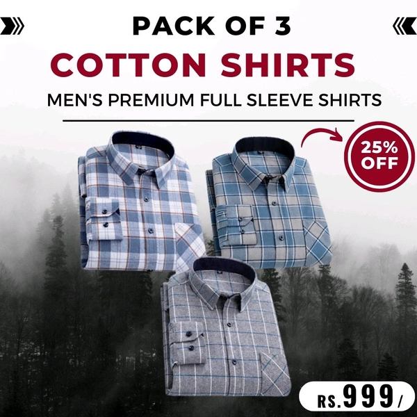 Full Sleeves Men's Cotton Shirts- Pack of 3 - Small - 36
