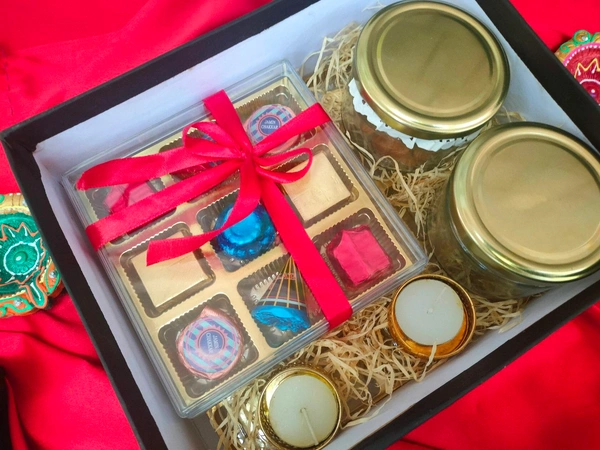 Diwali Hamper Box Contains 1 Jar Dryfruit,1 Jar Cookies,9  Assorted Cracker Chocolate and Tea Light Candle 
