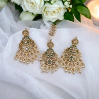 EE021-D35-VON Jeevita Jhumkas with Maangtika - Off White