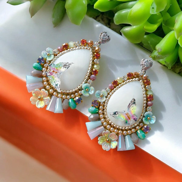 S318 Korean Life Of Butterfly Statement Earrings - White