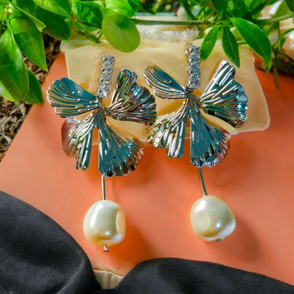 S243 Silver Flower Pearl Drop Earrings - Silver
