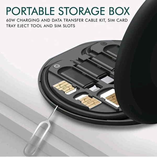 All in One 60W USB Fast Charging Travel Data Cable Set Type C, Lightening and Micro USB Port Inbuilt Mobile Stand Compatible with i, i-Pad, Samsang, RealMi & All Other Android Phones - Black