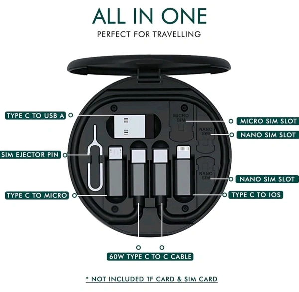 All in One 60W USB Fast Charging Travel Data Cable Set Type C, Lightening and Micro USB Port Inbuilt Mobile Stand Compatible with i, i-Pad, Samsang, RealMi & All Other Android Phones - Black