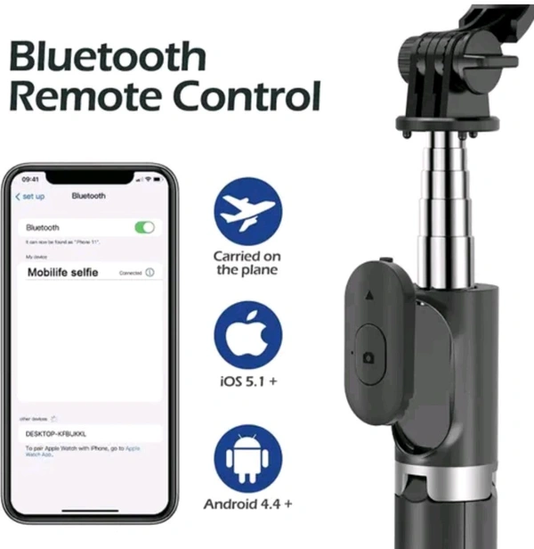 Bluetooth Extendable Selfie Stick with Wireless Remote, Selfie Stick, Adjustable and Rotatable Design. - Black