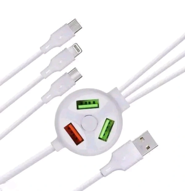 6 IN 1 Extended Fast Charging USB Data Cable 3 Plug And 3 USB Port For All Mobiles And Tablets. - White
