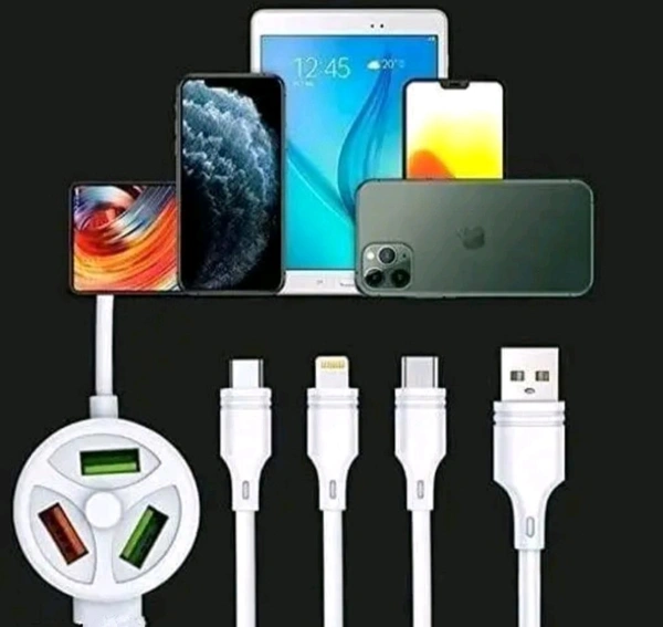 6 IN 1 Extended Fast Charging USB Data Cable 3 Plug And 3 USB Port For All Mobiles And Tablets. - White