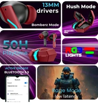 Xo6 Gaming Earbuds with 35MS Low Latency, RGB LED, 13MM DRIVERS & 50H PlayTime Bluetooth  (Coal Black, True Wireless). - Red