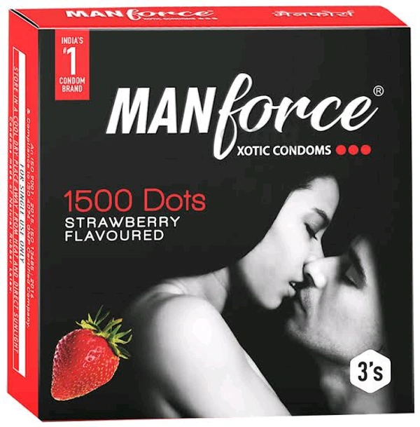 Manforce 1500 Dots Xotic Condom | Flavour Strawberry - Red, 3 Pics