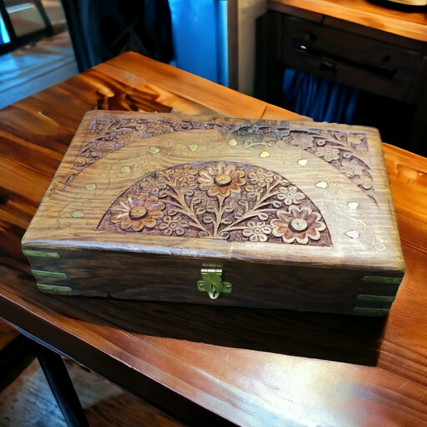 Sold By R R Global Exports Jewellery Box With Carving And Brass Inlay - L.10'' W.6'' H.2.5'', Natural Polish, Wooden