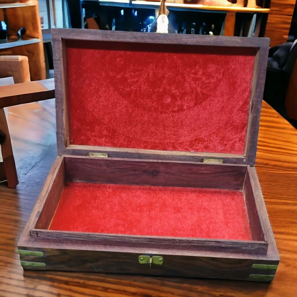 Sold By R R Global Exports Jewellery Box With Carving And Brass Inlay - L.10'' W.6'' H.2.5'', Natural Polish, Wooden