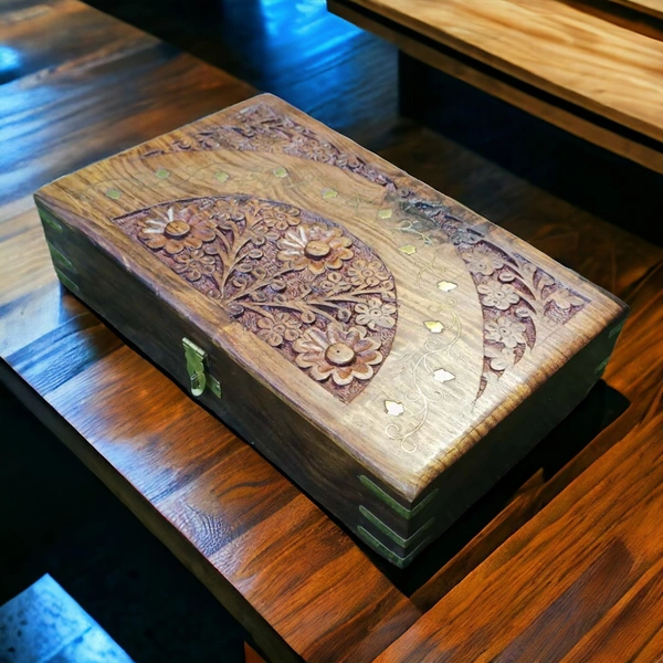 Sold By R R Global Exports Jewellery Box With Carving And Brass Inlay - L.10'' W.6'' H.2.5'', Natural Polish, Wooden