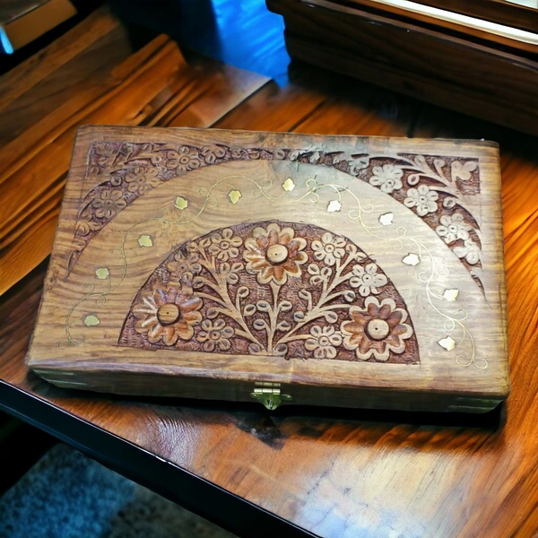 Sold By R R Global Exports Jewellery Box With Carving And Brass Inlay - L.10'' W.6'' H.2.5'', Natural Polish, Wooden