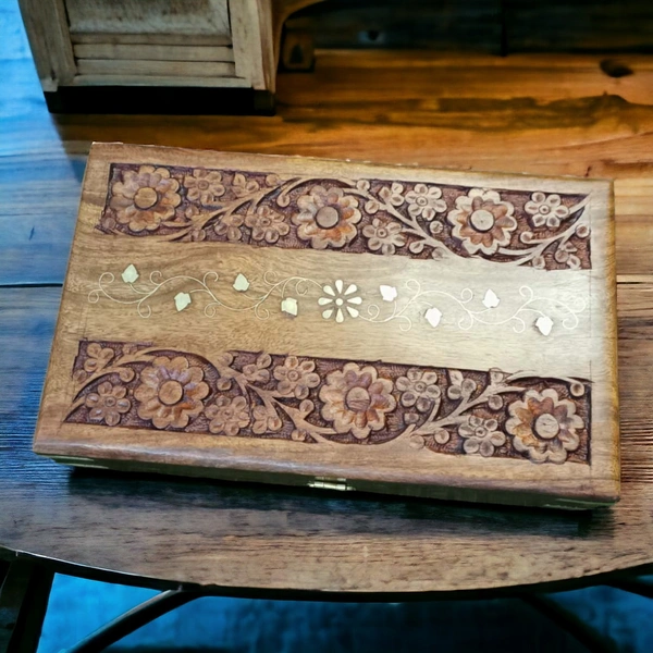 Sold By R R Global Exports Jewellery Box With Carving And Brass Inlay - L.10'' W.6'' H.2.5'', Natural Polish, Wooden
