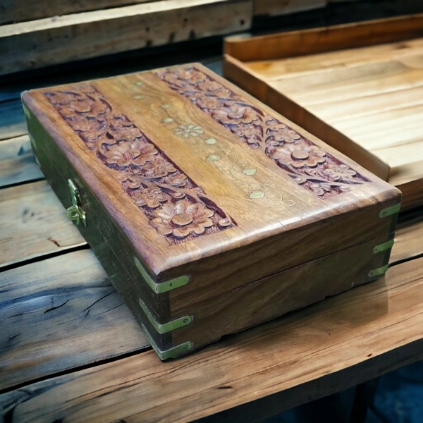 Sold By R R Global Exports Jewellery Box With Carving And Brass Inlay - L.10'' W.6'' H.2.5'', Natural Polish, Wooden