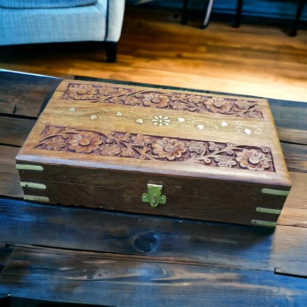 Sold By R R Global Exports Jewellery Box With Carving And Brass Inlay - L.10'' W.6'' H.2.5'', Natural Polish, Wooden