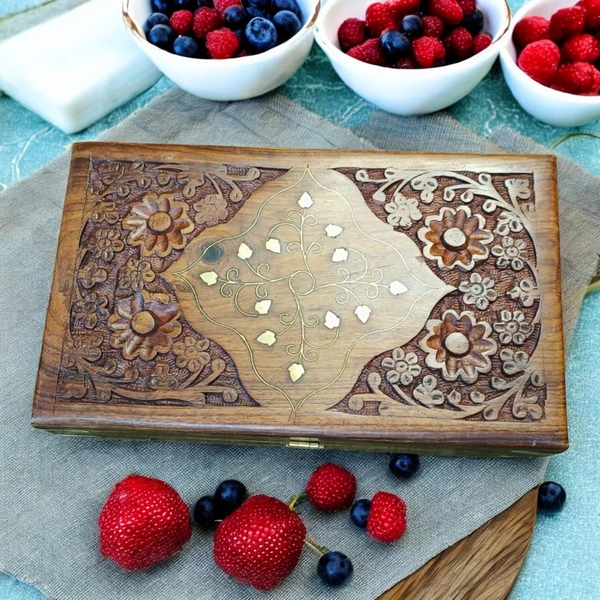 Sold By R R Global Exports Jewellery Box With Carving And Brass Inlay - L.10'' W.6'' H.2.5'', Natural Polish, Wooden