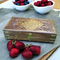 Sold By R R Global Exports Jewellery Box With Carving And Brass Inlay - L.10'' W.6'' H.2.5'', Natural Polish, Wooden