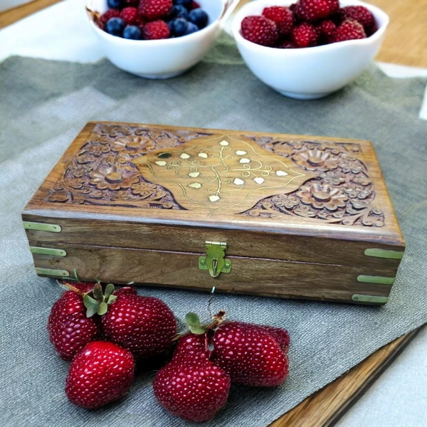 Sold By R R Global Exports Jewellery Box With Carving And Brass Inlay - L.10'' W.6'' H.2.5'', Natural Polish, Wooden