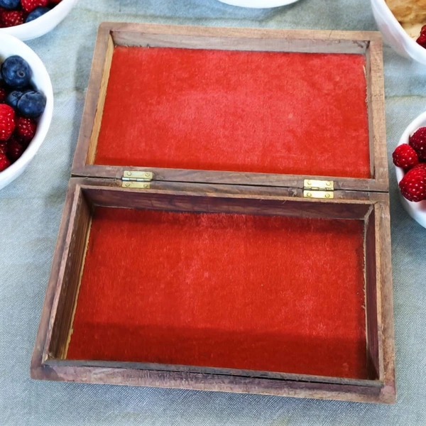 Sold By R R Global Exports Jewellery Box With Carving And Brass Inlay - L.10'' W.6'' H.2.5'', Natural Polish, Wooden