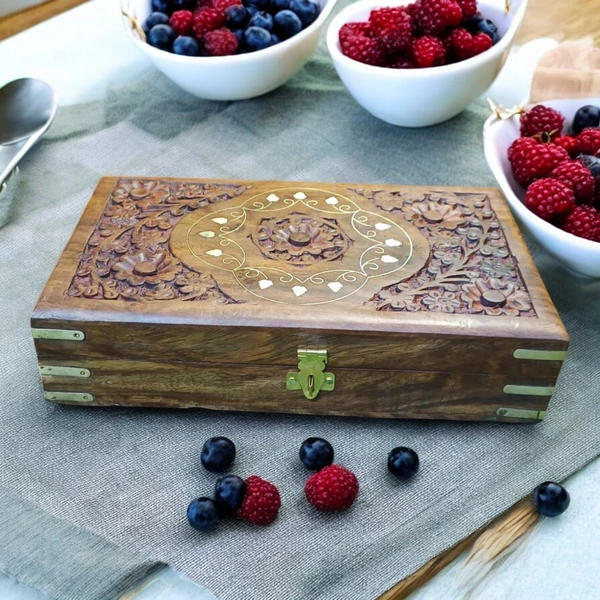 Sold By R R Global Exports Jewellery Box With Carving And Brass Inlay - L.10'' W.6'' H.2.5'', Natural Polish, Wooden