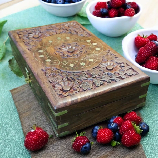 Sold By R R Global Exports Jewellery Box With Carving And Brass Inlay - L.10'' W.6'' H.2.5'', Natural Polish, Wooden