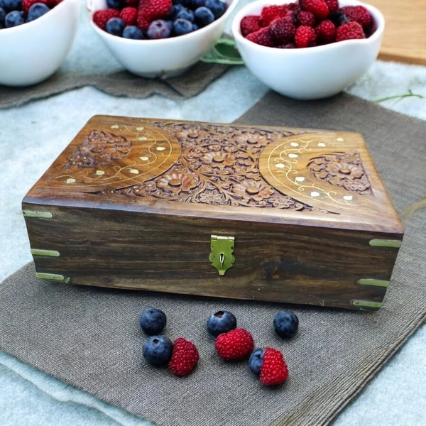 Sold By R R Global Exports Jewellery Box With Carving And Brass Inlay - L.12'' W.8'' H.3.5'', Natural Polish, Wooden