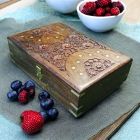 Sold By R R Global Exports Jewellery Box With Carving And Brass Inlay - L.12'' W.8'' H.3.5'', Natural Polish, Wooden