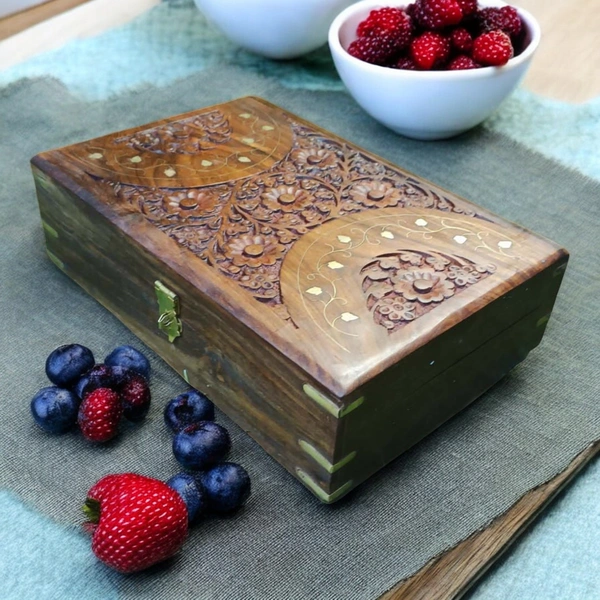 Sold By R R Global Exports Jewellery Box With Carving And Brass Inlay - L.12'' W.8'' H.3.5'', Natural Polish, Wooden