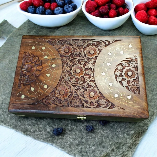 Sold By R R Global Exports Jewellery Box With Carving And Brass Inlay - L.12'' W.8'' H.3.5'', Natural Polish, Wooden